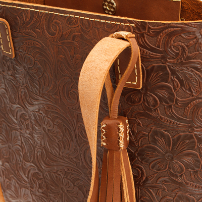 Leather tote bag and wristlet set, 'Classic Chocolate' - Baroque Floral Chocolate Leather Tote Bag and Wristlet