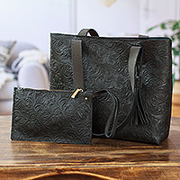 Leather tote bag and wristlet set, 'Classic Darkness' - Baroque-Inspired Floral Dark Leather Tote Bag and Wristlet