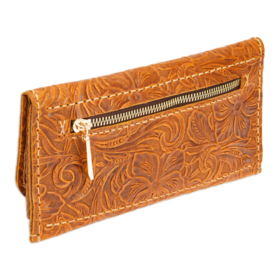 Leather wallet, 'Honey Arcadia' - Baroque-Inspired Floral and Leafy Honey Leather Wallet
