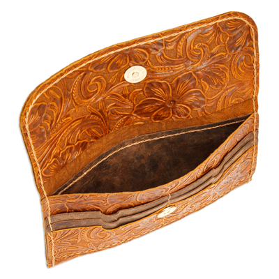 Leather wallet, 'Honey Arcadia' - Baroque-Inspired Floral and Leafy Honey Leather Wallet