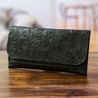 Ledergeldbörse - Portemonnaie aus schwarzem Leder im Barockstil mit Blumen- und Blattmuster