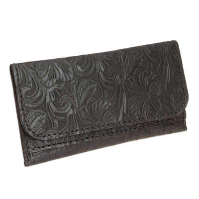 Billetera de cuero - Cartera de cuero negro floral y frondoso de inspiración barroca