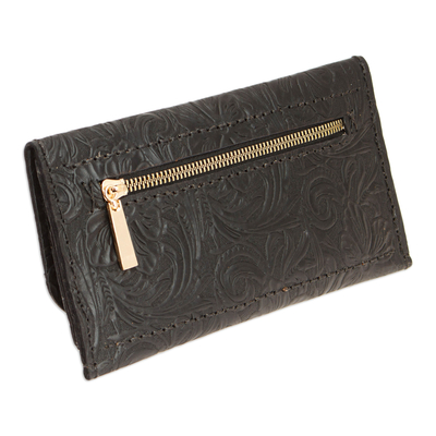Leather wallet, 'Dark Arcadia' - Baroque-Inspired Floral and Leafy Black Leather Wallet