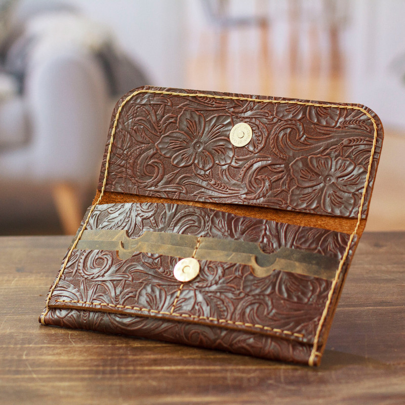Baroque-Inspired Floral and Leafy Chocolate Leather Wallet - Chocolate ...