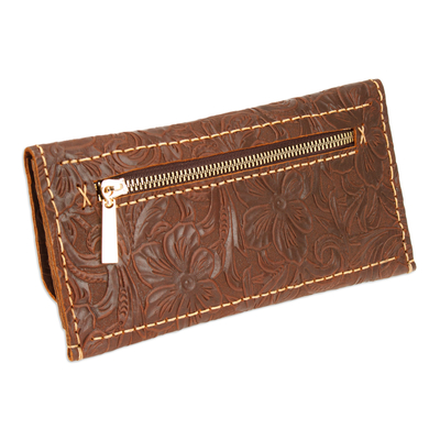 Leather wallet, 'Chocolate Arcadia' - Baroque-Inspired Floral and Leafy Chocolate Leather Wallet