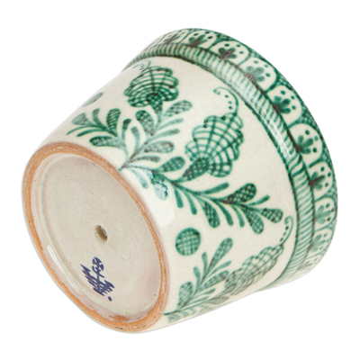 Ceramic flower pot, 'Green Floral Mystique' - Talavera-Style Floral Ceramic Planter in Ivory and Green