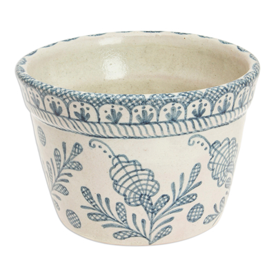 Ceramic flower pot, 'Blue Floral Mystique' - Talavera-Style Floral Ceramic Planter in Ivory and Blue
