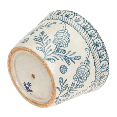 Ceramic flower pot, 'Blue Floral Mystique' - Talavera-Style Floral Ceramic Planter in Ivory and Blue