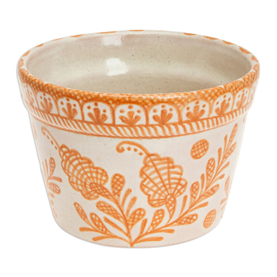 Maceta de cerámica - Macetero floral de cerámica estilo Talavera en marfil y naranja