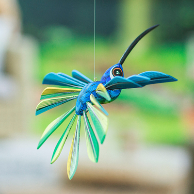 Wood hanging alebrije sculpture, 'Cheerful Hummingbird' - Wood Hanging Alebrije Hummingbird Sculpture in Blue