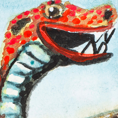 'Red-Dot Snake Alebrije' - Classic Expressionist Watercolor Alebrije Red Snake Painting
