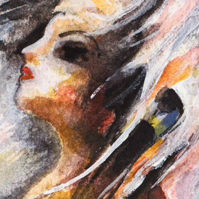 'Woman with White Horse' - Expressionist Watercolour Painting of Woman and White Horse