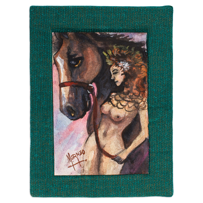 'Woman with Brown Horse' - Pintura expresionista de acuarela de mujer y caballo marrón.