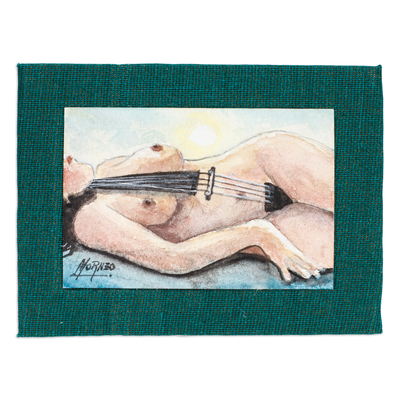 'Mujer con cuerdas' - Pintura expresionista estirada de mujer desnuda y cuerdas.