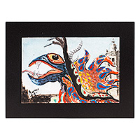'Fire Dragon Alebrije' - Pintura tradicional de dragón Alebrije en acuarela roja y azul