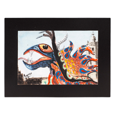 'Fire Dragon Alebrije' - Traditional Red and Blue Watercolor Alebrije Dragon Painting