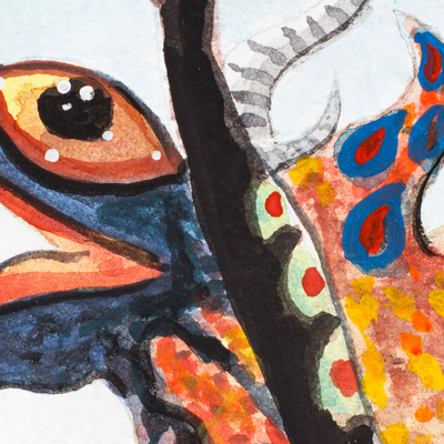 'Fire Dragon Alebrije' - Traditional Red and Blue Watercolour Alebrije Dragon Painting