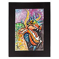 'Angry Dragon Alebrije' - Traditional Multicolor Watercolor Alebrije Dragon Painting