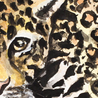 'Jaguar and Cub' - Pintura de jaguar de acuarela impresionista firmada estirada