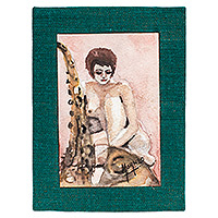 'Mujer sentada con saxofón' - Pintura expresionista firmada de mujer sentada y saxofón
