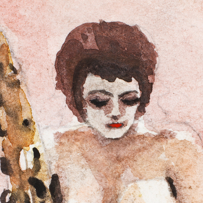 'Mujer sentada con saxofón' - Pintura expresionista firmada de mujer sentada y saxofón.