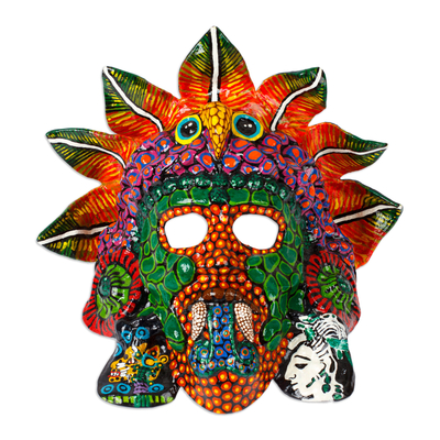 Máscara de papel maché lacada - Máscara de papel maché pintada a mano, lacada, del Dios mexicano del fuego