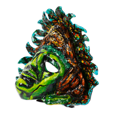Lacquered papier mache mask, 'Green Jaguar Pakal' - Handmade Lacquered Papier Mache Mask of Mayan Governor Pakal