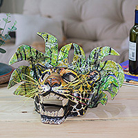 Lacquered papier mache mask, 'Green Jaguar' - Hand-Painted & Lacquered Mexican Jaguar Papier Mache Mask