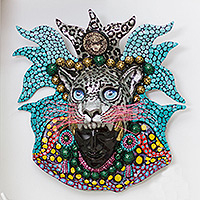 Lacquered papier mache mask, 'Grey Jaguar God' - Hand-Painted Lacquered Papier Mache Mexican Jaguar Mask