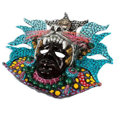 Máscara de papel maché lacada - Máscara de jaguar mexicano de papel maché lacado pintado a mano