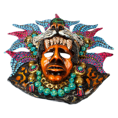 Mexican God of Fire Lacquered Hand-Painted Papier Mache Mask - Jaguar Fire  Huehueteotl