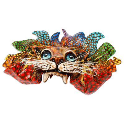 Lacquered papier mache mask, 'Colorful Lion' - Lacquered Hand-Painted Lion Papier Mache Mask from Mexico