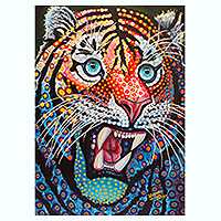 'Colorful Tiger' (2020) - Pintura acrílica de arte pop de un tigre en estilo alebrije mexicano