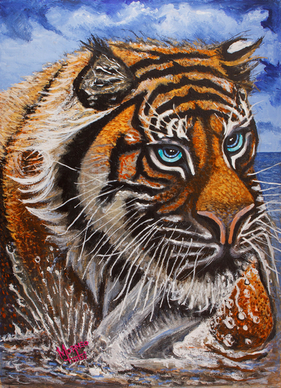 'Tiger' (2023) - Acrylic on MDF Board Expressionist Painting of Tiger