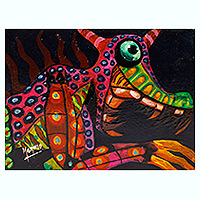 'Red Alebrije' - Surrealist Acrylic Dragon Painting in Mexican Alebrije Style