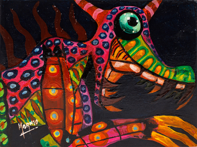 'Red Alebrije' - Pintura surrealista de dragón acrílico en estilo Alebrije mexicano