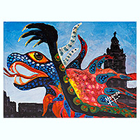 'alebrije azul' - pintura de dragón acrílico estilo alebrije mexicano surrealista