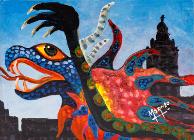 'Blue Alebrije' - Surrealist Mexican Alebrije Style Acrylic Dragon Painting
