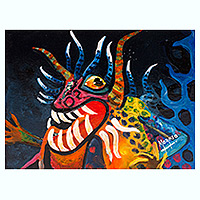 'Orange Alebrije' - Surrealist Painting of Dragon in Mexican Alebrije Style
