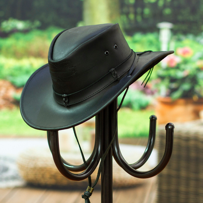 Handcrafted 100% Leather Hat in a Black Base Hue, 'Classic Shadow
