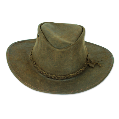 Leather hat, 'Olive Era' - Handcrafted Olive 100% Leather Hat with Braided Accents