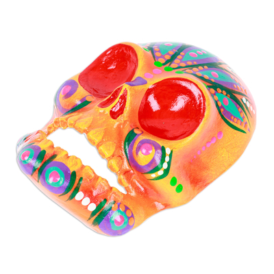 Recycled paper mask, 'Orange Underworld' - Hand-Painted Orange Recycled Cardboard Skull Mask