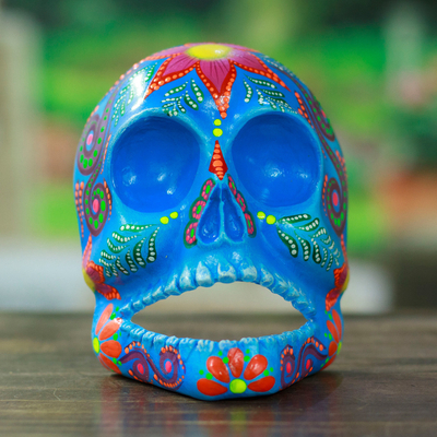 Recycled cardboard mask, 'Azure Underworld' - Hand-Painted Azure Recycled Cardboard Skull Mask