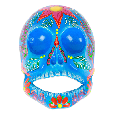 Recycled cardboard mask, 'Azure Underworld' - Hand-Painted Azure Recycled Cardboard Skull Mask