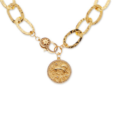 Gold-plated pendant necklace, 'Leo Born' - 24k Gold-Plated Cubic Zirconia Leo Pendant Necklace