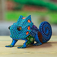 Wood alebrije figurine, 'Chameleonic Blue' - Hand-Painted Blue Copal Wood Chameleon Alebrije Figurine