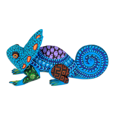 Wood alebrije figurine, 'Chameleonic Blue' - Hand-Painted Blue Copal Wood Chameleon Alebrije Figurine