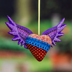 Wood alebrije ornament, 'Purple Wings of the Heart' - Hand-Painted Copal Wood Winged Heart Ornament in Purple