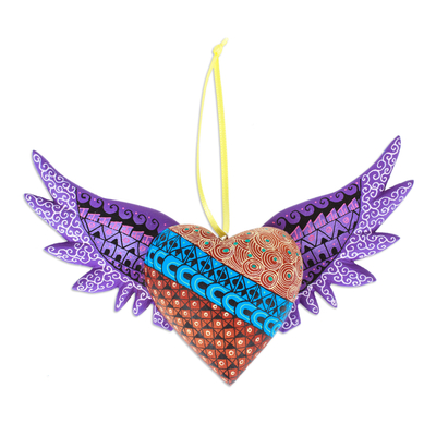 Wood alebrije ornament, 'Purple Wings of the Heart' - Hand-Painted Copal Wood Winged Heart Ornament in Purple