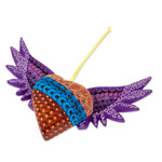 Wood alebrije ornament, 'Purple Wings of the Heart' - Hand-Painted Copal Wood Winged Heart Ornament in Purple